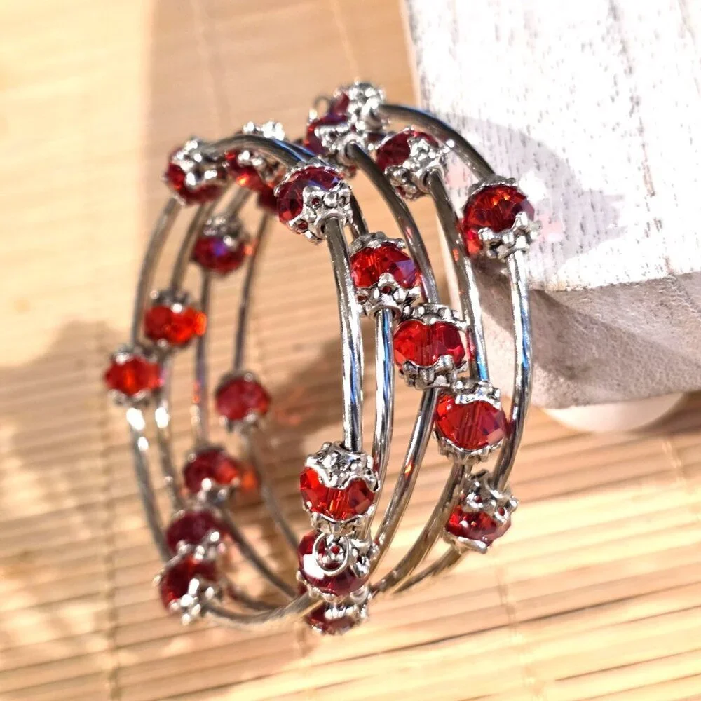 Silver Tone Crystal Wrap Bracelet With Red Faceted Beads & Filigree Details
